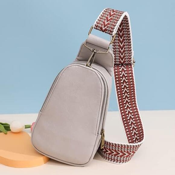 Women’s Sling Crossbody Bag Soft PU Leather Wide Woven Strap Chest Travel Grey - Picture 3 of 8